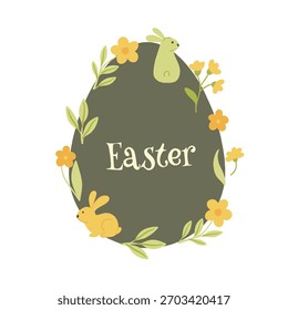 Spring holiday, Easter celebration. A modern card and banner. Patterned eggs with bunnies and flowers.