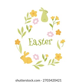 Spring holiday, Easter celebration. A modern card and banner. Patterned eggs with bunnies and flowers.