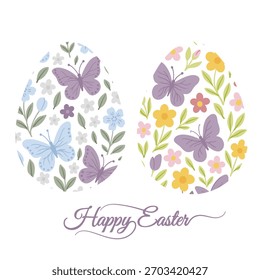 Spring holiday, Easter celebration. A modern card and banner. Patterned eggs with bunnies and flowers.