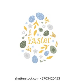 Spring holiday, Easter celebration. A modern card and banner. Patterned eggs with bunnies and flowers.