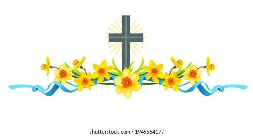 Spring holiday floral borders set with daffodils and cross. Design elements for decorate card, banner, ticket, leaflet, poster, invitation, congratulations and so on. Spring Easter floral decor