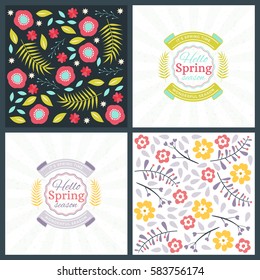 Spring holiday greeting card design. Vector floral greetings card or poster. Romantic labels with flowers pattern