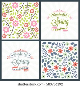 Spring holiday greeting card design. Vector floral greetings card or poster. Romantic labels with flowers pattern