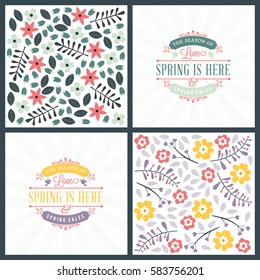 Spring holiday greeting card design. Vector floral greetings card or poster. Romantic labels with flowers pattern