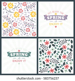 Spring holiday greeting card design. Vector floral greetings card or poster. Romantic labels with flowers pattern