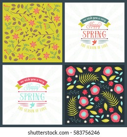 Spring holiday greeting card design. Vector floral greetings card or poster. Romantic labels with flowers pattern