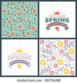 Spring holiday greeting card design. Vector floral greetings card or poster. Romantic labels with flowers pattern