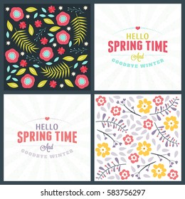 Spring holiday greeting card design. Vector floral greetings card or poster. Romantic labels with flowers pattern