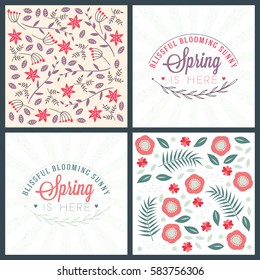 Spring holiday greeting card design. Vector floral greetings card or poster. Romantic labels with flowers pattern