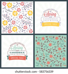 Spring holiday greeting card design. Vector floral greetings card or poster. Romantic labels with flowers pattern