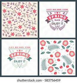 Spring holiday greeting card design. Vector floral greetings card or poster. Romantic labels with flowers pattern