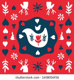 Spring Holiday or Merry Christmas. Folk doodle art square tile. Scandinavian style, shapes in festive colors. Folklore clipart elements - deer, hen, branch, flower, sun, heart. Red, white and indigo