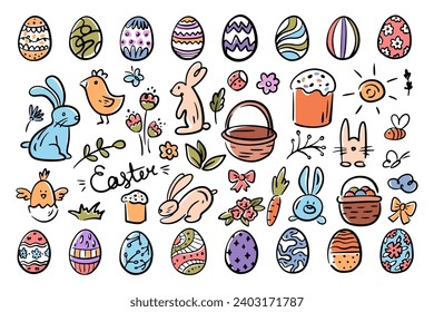 Spring holiday personage, isolated easter bunny and chocolate eggs for holiday hunt. Vector doodles of cakes and baskets, flowers and chickens. April celebration for cards and invitations