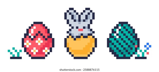 Spring holiday pixel painted eggs. Easter 8bit eggs icons, chicken pixel arcade game eggs flat vector illustration set. Easter egg hunt game elements