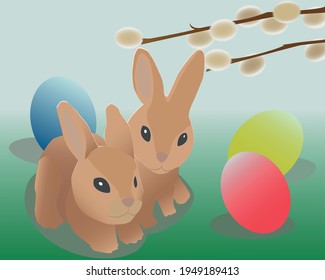 Spring holiday poster with rabbits and easter eggs