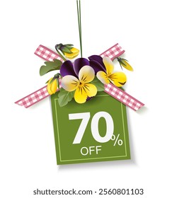 Spring holiday price tag with pink plaid bow, bouquet of yellow violets and 70% off text isolated on white. Beautiful spring label for sale design. Vector stock illustration.