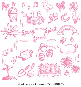 Spring holiday season doodle animal, plant and flower, leisure activities and tools, and Easter festival icon collection set, create by vector