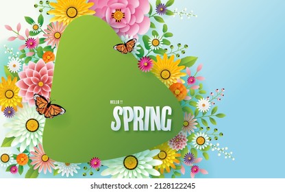 Spring holiday seasonal background with colorful of spring leaves, flowers, ladybug , butterfly and elements paper cut craft style on color background.