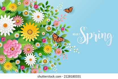 Spring holiday seasonal background with colorful of spring leaves, flowers, ladybug , butterfly and elements paper cut craft style on color background.