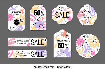 Spring holiday tags set with abstract flower background. Vector design Sale, Price offer elements on white. For spring, summer seasons, Valentines day, Mothers, Womens day.