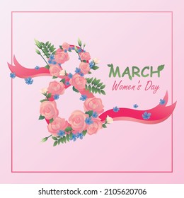 Spring holiday with Women's Day - March 8. A postcard with the image of the number eight in pink tones with roses.