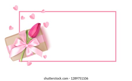 Spring holidays design template. Decorative gift box with pink tulip flower and paper hearts isolated on white background. Vector illustration