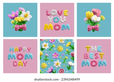 Spring holidays and Mothers day cards or posters set, realistic vector illustration. Collection of square compositions for Mothers day greeting cards banners.