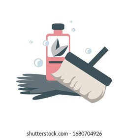 Spring home cleaning concept. Vector icon illustration with mop, gloves, and detergent. Pastel palette