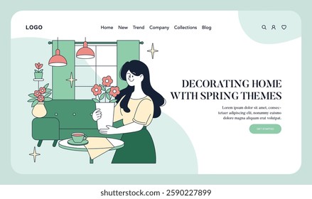 Spring home decoration inspiration for enhancing interior aesthetics. A woman arranging flowers brings fresh themes to living spaces, creating a lively atmosphere and refreshing vibes. Vector