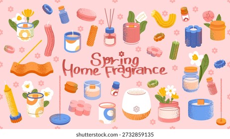 Spring home fragrance objects collection featuring candles, aroma jars, incense sticks, diffusers, wax melts, and floral decor.
