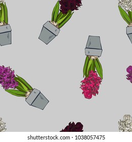 spring home garden seamless pattern of delicate flowers hyacinths on a gray background