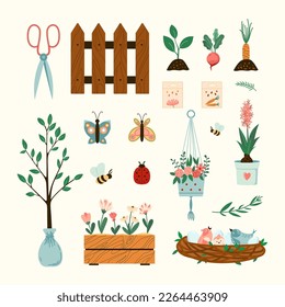 Spring home gardening illustrations set. Vector plants, flowers and birds nest seasonal flat style collection. Isolated