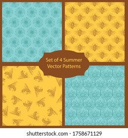 Spring Honey Bees and Vector Seamless Background Pattern Set