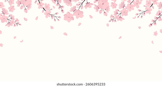 Spring horizontal backdrop with falling sakura petals and blooming branches on white. Flat hand drawn style. Grainy texture effect. Ideal for banner, poster, wedding invitations, covers.