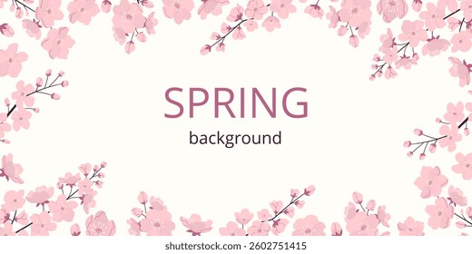 Spring horizontal background with cherry blossom and copy space on white. Trendy template with grainy textures. Flat vector illustration. For banner, poster, wallpaper.