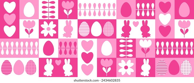 Spring horizontal banner with cute Easter bunnies and eggs in swiss style. Perfect print for card, cup, mug. Great simple design for any project.
