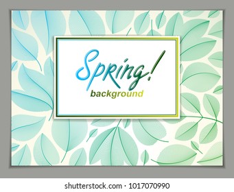 Spring horizontal banner design, vector green and fresh leaves floral beautiful background, Spring Sale, advertising poster, brochure or flyer design. Stylish classy botanical drawing, environment.