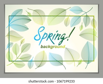 Spring horizontal banner design, vector green and fresh leaves floral beautiful background, Spring Sale, advertising poster, brochure or flyer design. Stylish classy botanical drawing, environment.