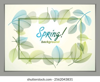 Spring horizontal banner design, vector green and fresh leaves floral beautiful background, Spring Sale, advertising poster, brochure or flyer design. Stylish classy botanical drawing, environment.