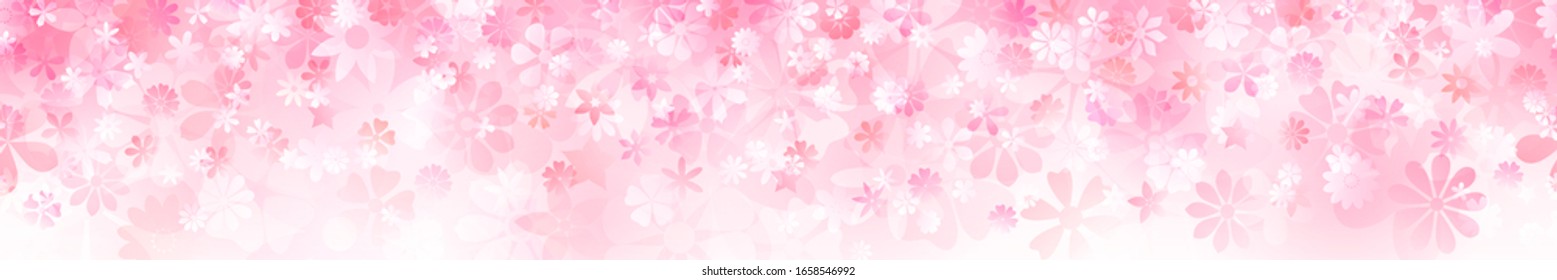 Banner horizontal de primavera con varias flores de colores rosas