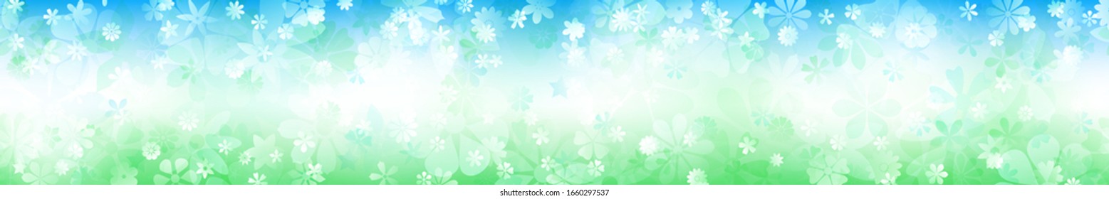 Spring horizontal banner of various flowers in green and blue colors
