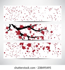 Spring horizontal banners with Japanese cherry - Sakura blossoms and red abstract spots
