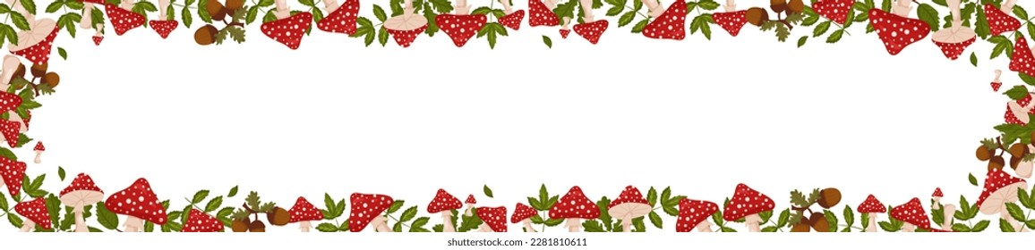 Spring horizontal frame with mushrooms, fly agarics, acorns and leaves. Autumn vector banner isolated white background cartoon style.