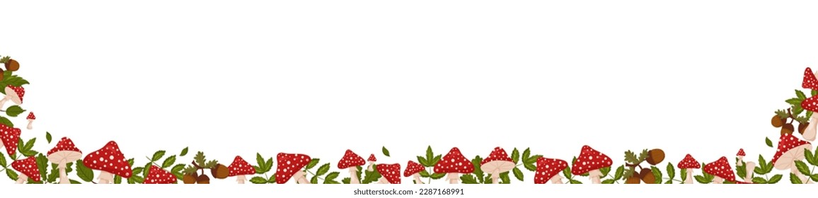 Spring horizontal frame with mushrooms, fly agarics, acorns and leaves. Autumn vector banner isolated white background cartoon style.