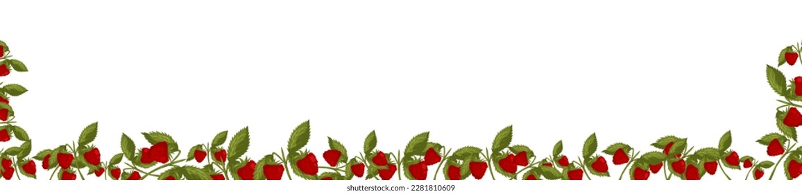 Spring horizontal frame with raspberries and leaves. Summer vector banner isolated white background cartoon style.