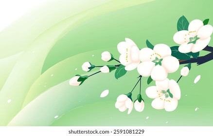 Spring horizontal illustrations design peach blossoms on a green background