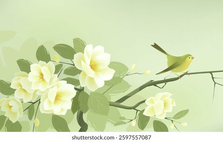 Spring horizontal illustrations design yellow-green flowers and birds
