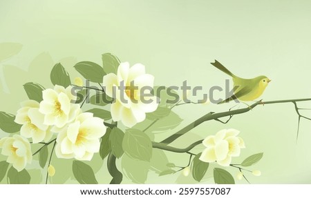 Spring horizontal illustrations design yellow-green flowers and birds