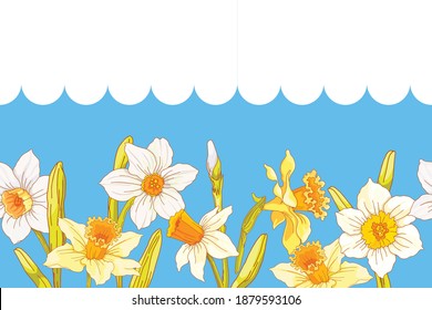 Spring, horizontal, seamless pattern with narcissus flowers. Vector illustration in a flat style.
