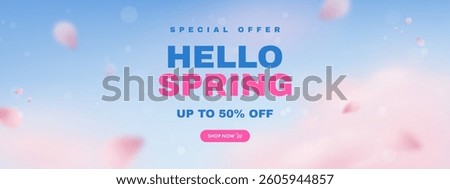 Spring horizontal wallpaper or web banner design template with beautiful blossoming sakura, bright blue sky and clouds. Hanami background. Realitic 3d vector illustration